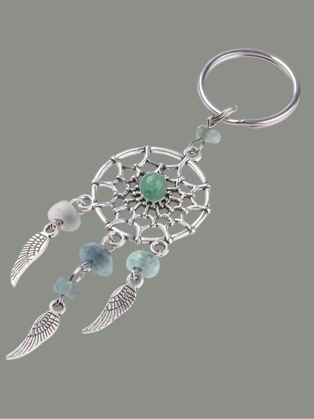 Dream Catcher Keyring Boho Native American Feathers Sea Glass Greens Silver Gift